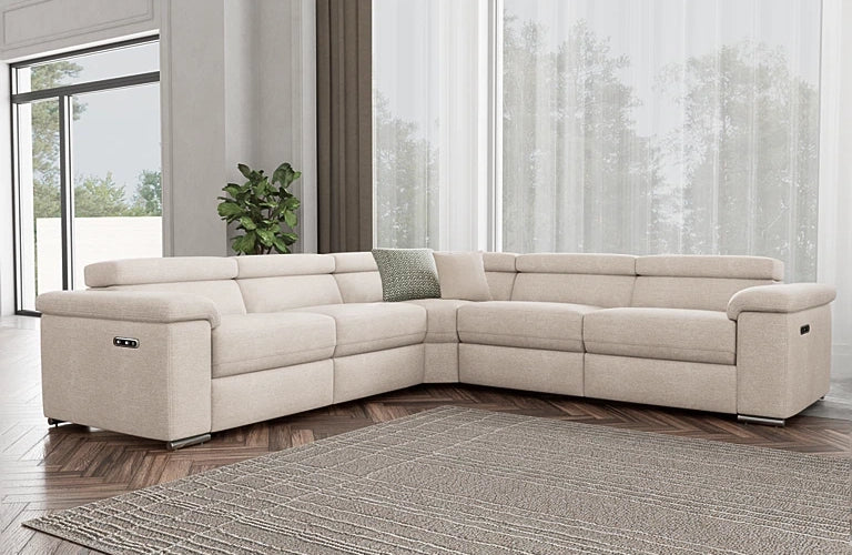 Baxter 5 Seat Corner Modular With Electric Recliners And Adjustable Headrests - Fabric