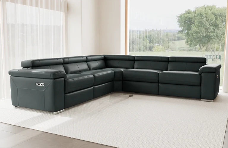 Baxter 5 Seat Corner Modular With Electric Recliners And Adjustable Headrests - Leather