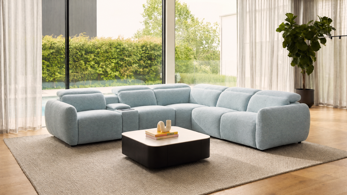 Sorelle 5 Seat Corner | Fabric | Dual Electric Recliners + Headrests