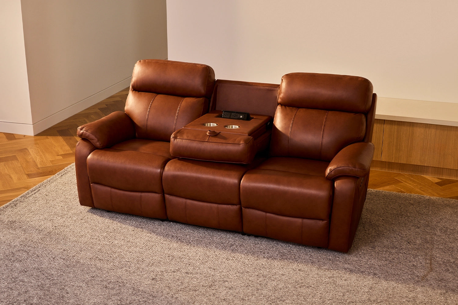 Viola 3 Seater Dual Electric Recliners With Electric Headrests And Drop Down Table With Cupholders - Leather